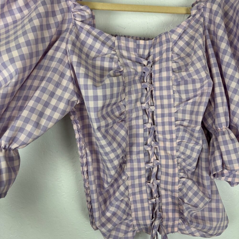 Pastel M Purple Pink Gingham Puff Sleeve Lace-Up Corset Blouse Coquette Top - Picture 4 of 5